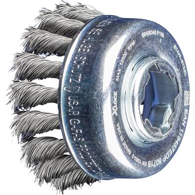 Runde Drahtbürste mit dichten, metallischen Borsten, geeignet für das Entfernen von Rost oder Farbe von Metalloberflächen.