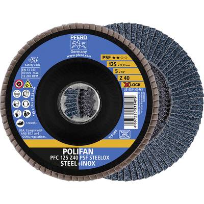 'PFERD Polifan Schleifscheibe, PSF 125, Z40, für Stahl und Inox. Enthält Sicherheits- und Herstellerhinweise.'