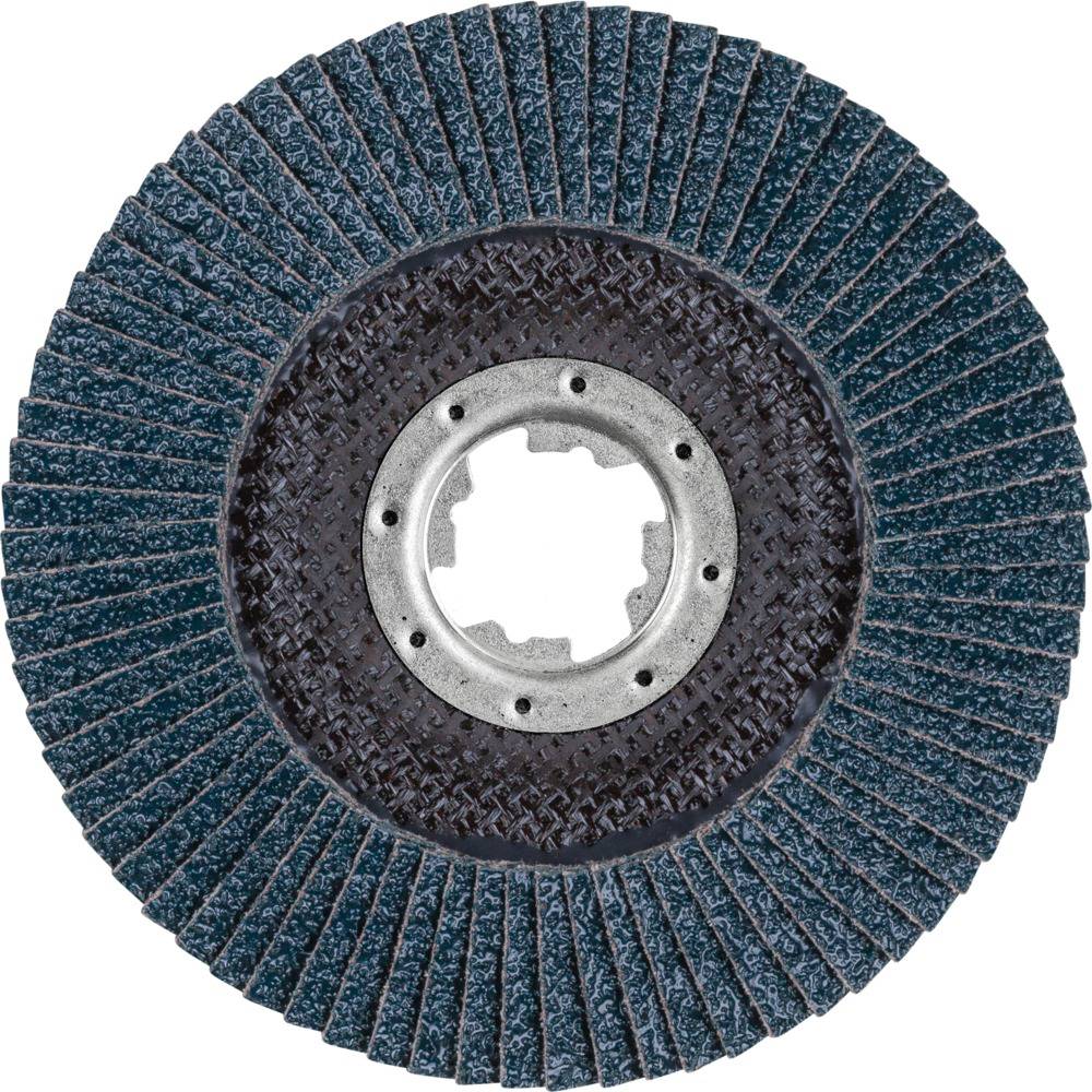 'Runde Schleifscheibe mit Lamellenstruktur aus blauem Schleifpapier, zentraler Metallring. Verwendet zum Schleifen von Oberflächen.'