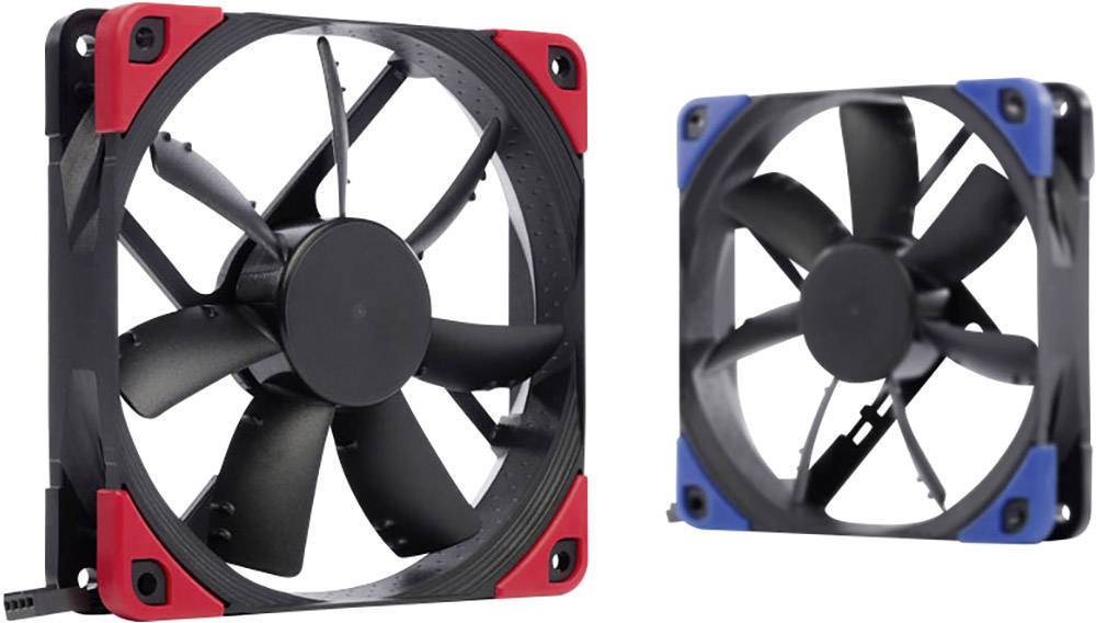 Zwei Computerventilatoren, einer mit roten Ecken und einer mit blauen Ecken, auf weißem Hintergrund. Beide haben schwarze Flügel.