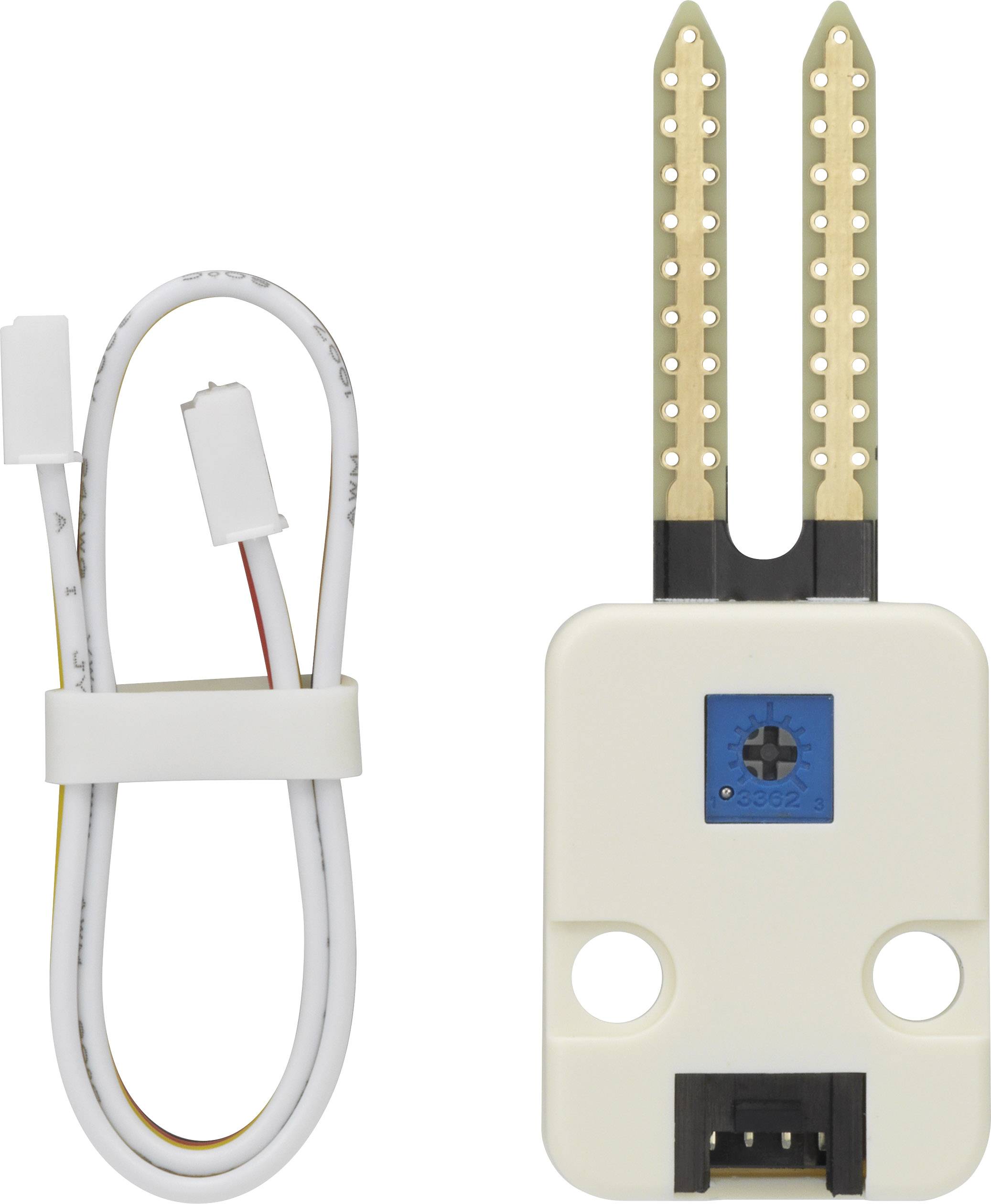 Ein Bodenfeuchtigkeitssensor mit einem Kabel. Der Sensor hat zwei lange, goldene Sonden zur Messung von Feuchtigkeit im Boden.