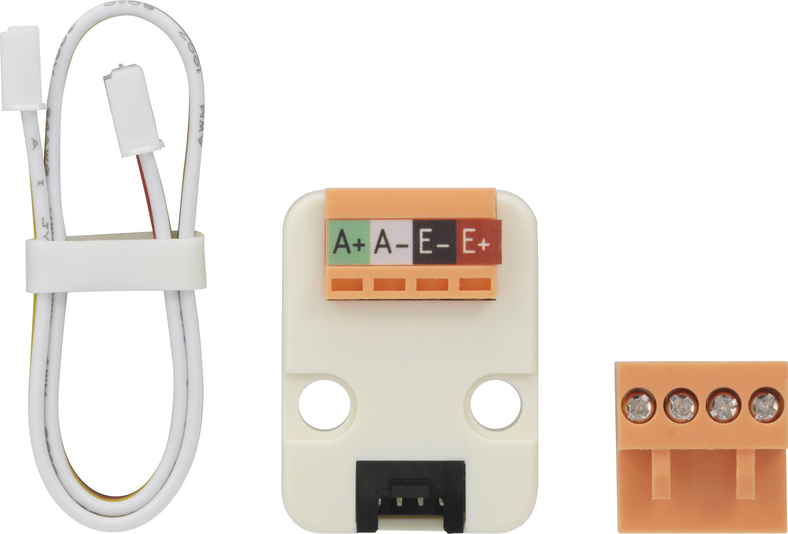 Ein elektronisches Anschlussmodul mit Kabel und Klemmenblock, gekennzeichnet mit A+, A-, E-, E+ für Sensorverbindungen.