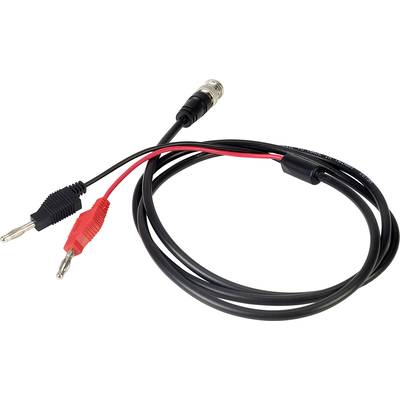 Ein schwarzes Kabel mit einem BNC-Stecker an einem Ende und zwei Bananensteckern (rot und schwarz) am anderen Ende.