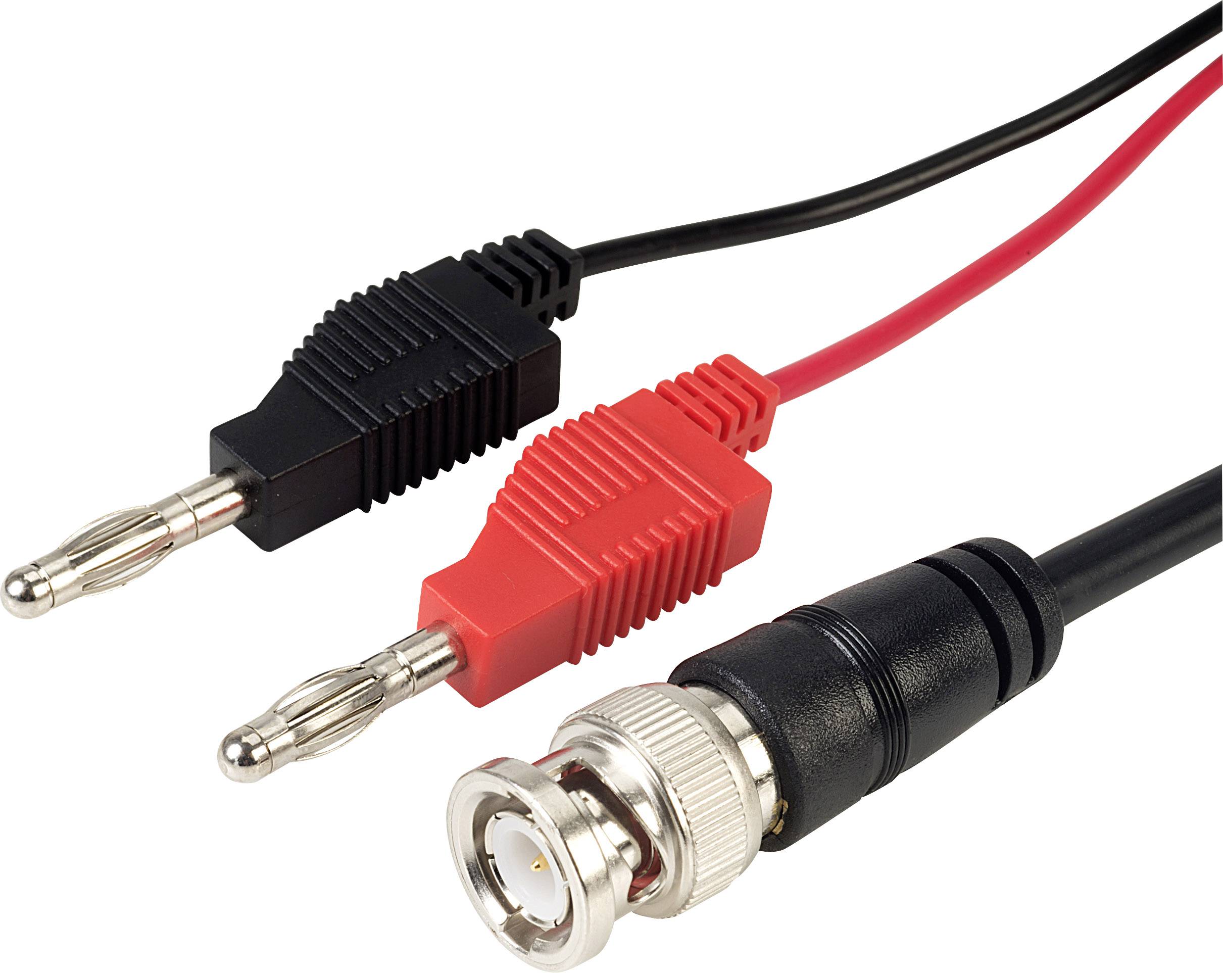 Zwei Kabel mit Metallsteckern: ein schwarz-rotes Bananenstecker-Kabel und ein schwarzes Kabel mit BNC-Stecker auf weißem Hintergrund.