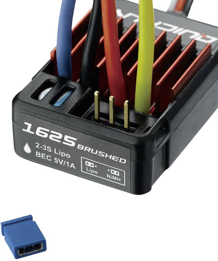 Ein elektronischer Motorregler mit Kabeln und einem Gehäuseaufschrift '1625 Brushed' für 2-3S Lipo, BEC 5V/1A. Ein blauer Stecker liegt daneben.