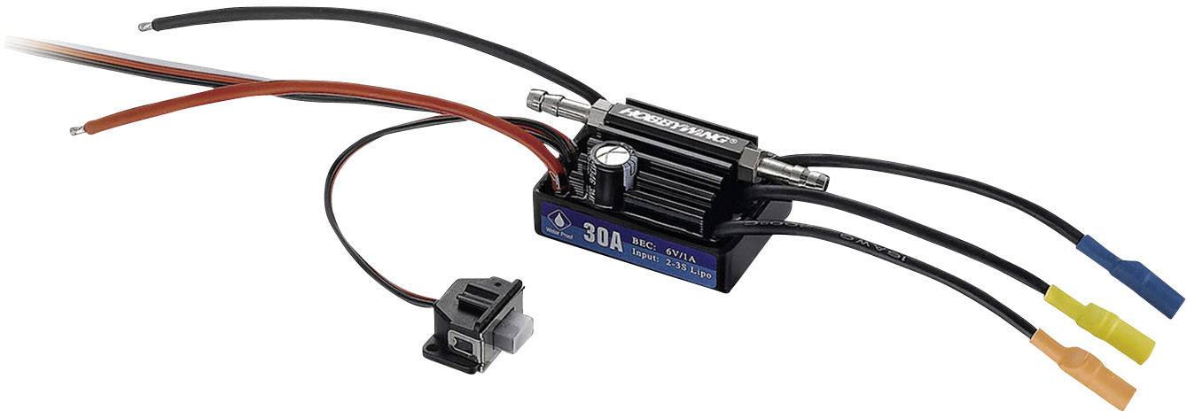 '30A Brushless ESC für RC-Modelle' mit mehreren Anschlüssen und Kabeln für Motorsteuerung.