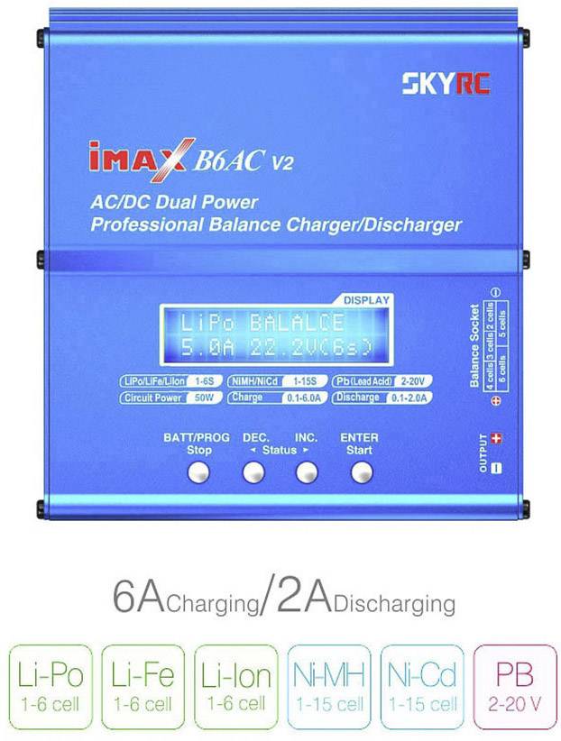 'SKYRC iMAX B6AC V2 Ladegerät'. Ein Ladegerät für verschiedene Akkutypen mit Displayanzeige. Unterstützt LiPo, LiFe, Li-Ion, NiMH, NiCd, PB.