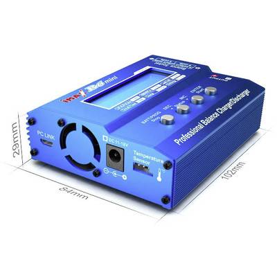 Blaues Ladegerät mit Display und Beschriftung 'Professional Balance Charger/Discharger'. Maße: 102mm x 84mm x 29mm.