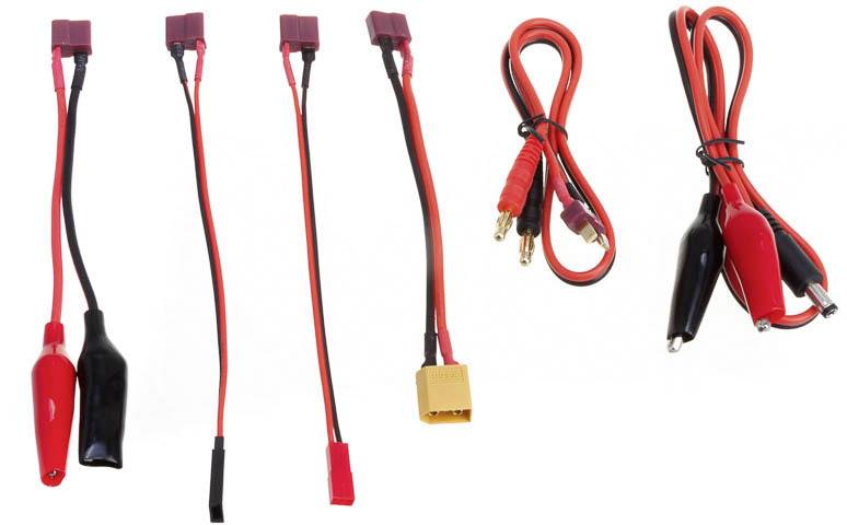 Mehrere Kabeltypen mit verschiedenen Steckverbindern, darunter Krokodilklemmen und XT60-Stecker, auf weißem Hintergrund gezeigt.