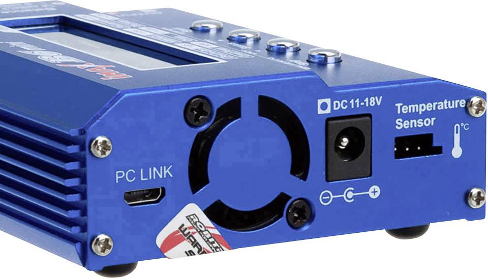 Ein blaues elektrisches Gerät mit Anschlüssen: PC Link, Temperatur-Sensor, und eine Stromversorgung von DC 11-18V.