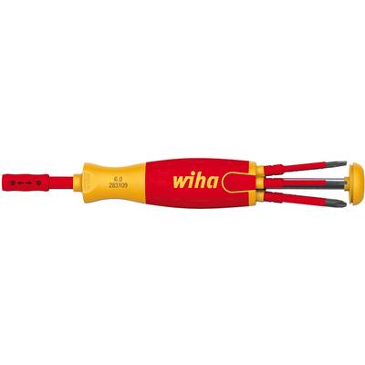 Ein Schraubendreher von Wiha mit rotem Griff, gelber Spitze und mehreren auswechselbaren Klingen im Griff integriert.