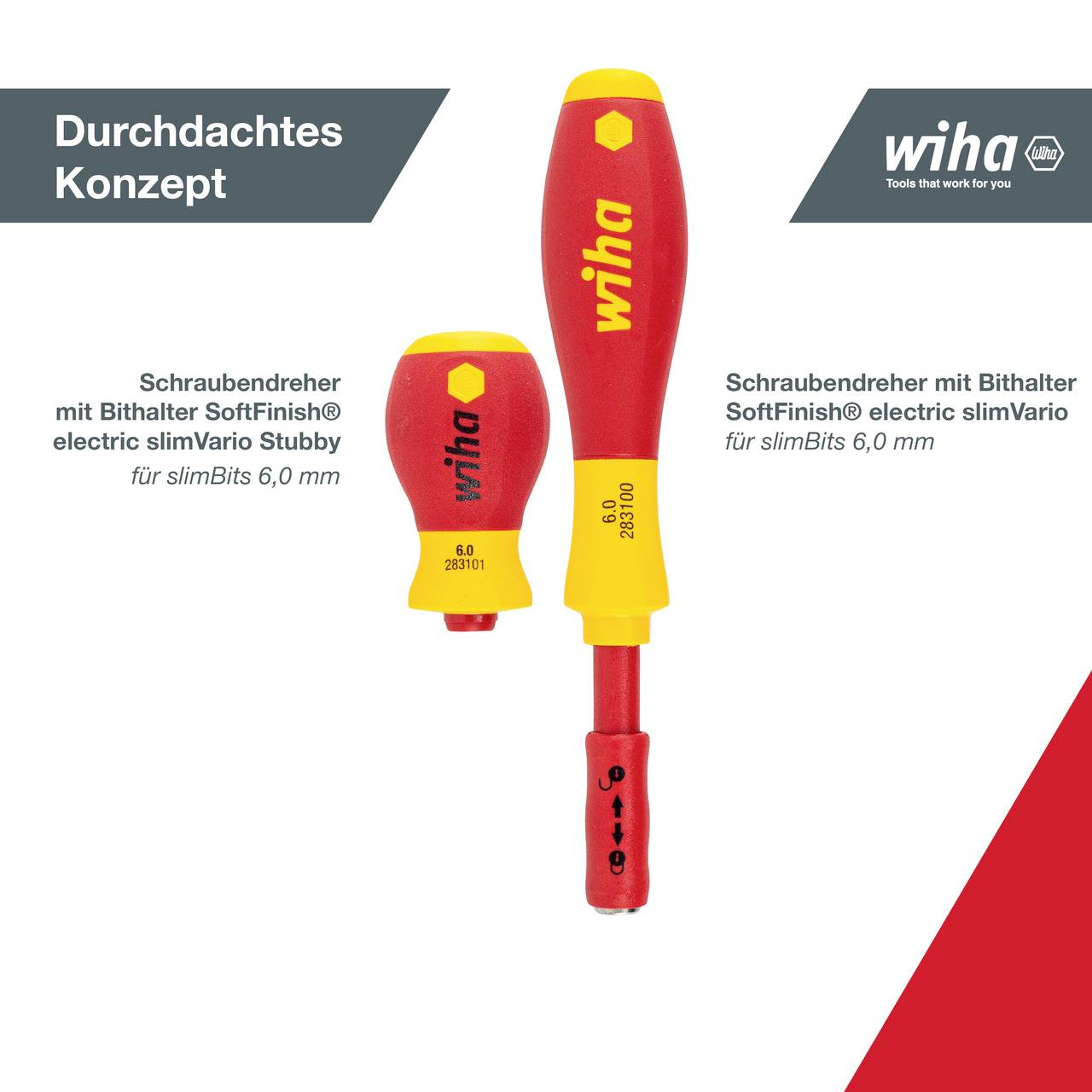 Zwei rote Schraubendreher von Wiha, einer normal, einer Stubby-Version, beide mit Bithalter SoftFinish electric slimVario 6,0 mm.
