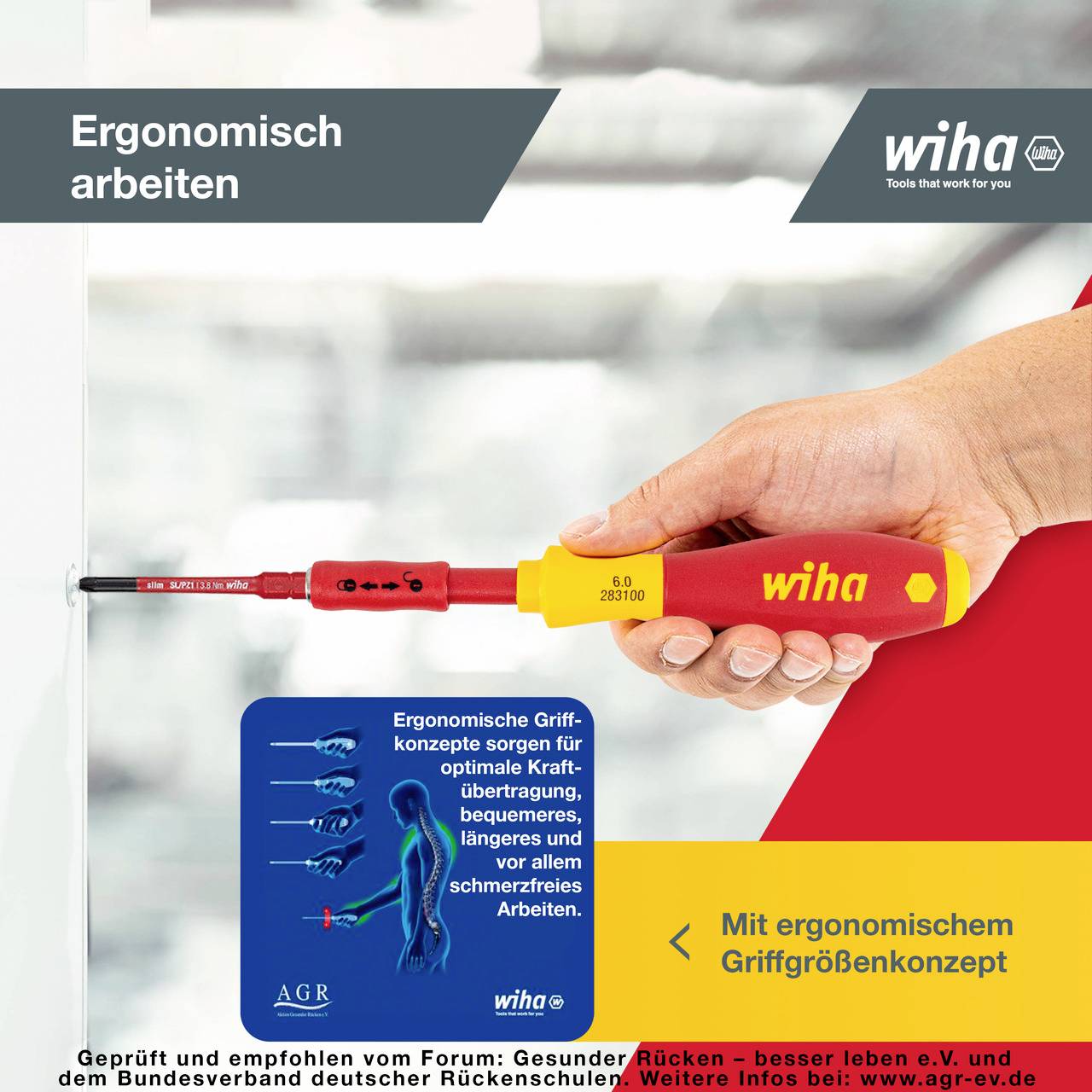 Eine Person benutzt einen ergonomischen Schraubendreher von Wiha, der eine bequeme Handhabung bei minimaler Belastung bietet.