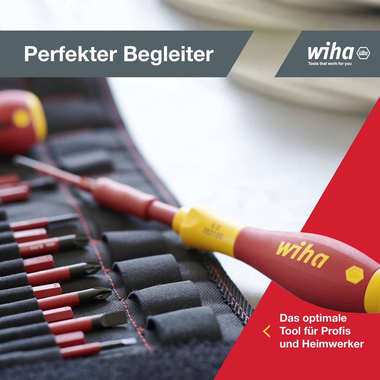 Werkzeugset mit Schraubendreher und Bit, Marke 'Wiha', Slogan 'Perfekter Begleiter', beworben als ideal für Profis und Heimwerker.