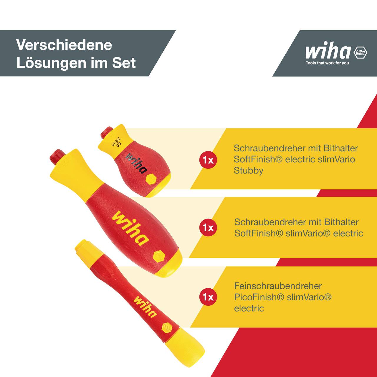 Ein Set von Wiha-Schraubendrehern: 1x Stubby, 1x SlimVario electric, 1x SlimVario electric PicoFinish.