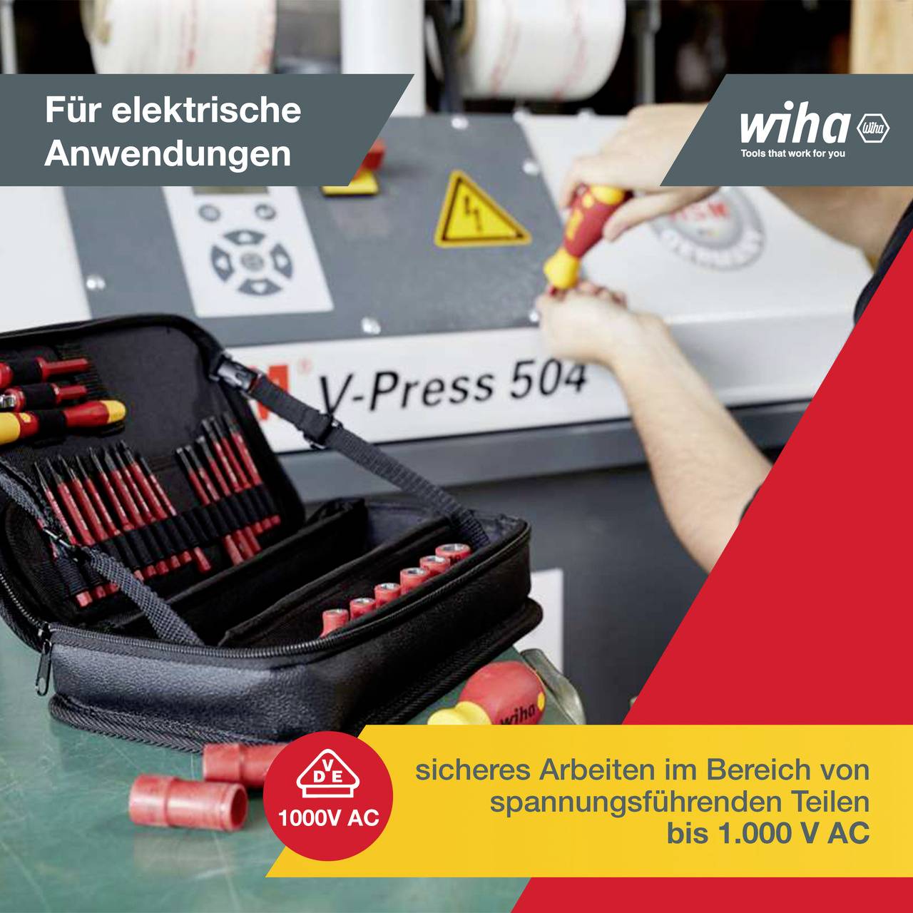 Person arbeitet mit Werkzeugsatz an einer elektrischen Anlage, auf der 'V-Press 504' steht. Text weist auf sicheres Arbeiten bis 1000V AC hin.