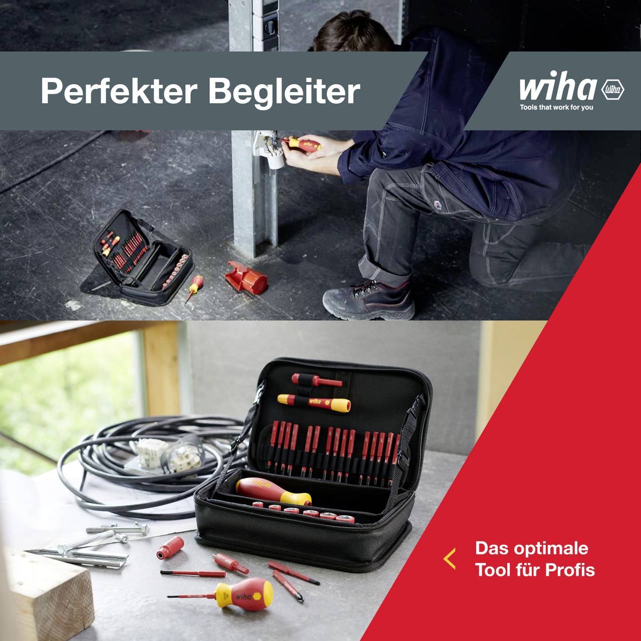 Ein Handwerker arbeitet mit Werkzeug an einer Metallstruktur. Im Vordergrund ist ein geöffneter Werkzeugkoffer mit Schraubendrehern. Text: 'Perfekter Begleiter', 'Das optimale Tool für Profis'.