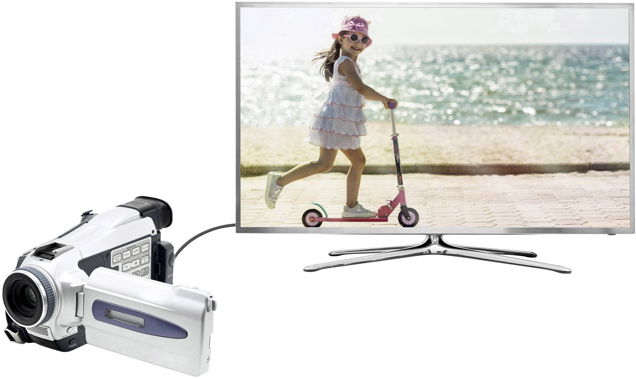 Ein Camcorder ist mit einem Fernseher verbunden, der ein Bild eines lächelnden Mädchens auf einem Roller am Meeresstrand zeigt.