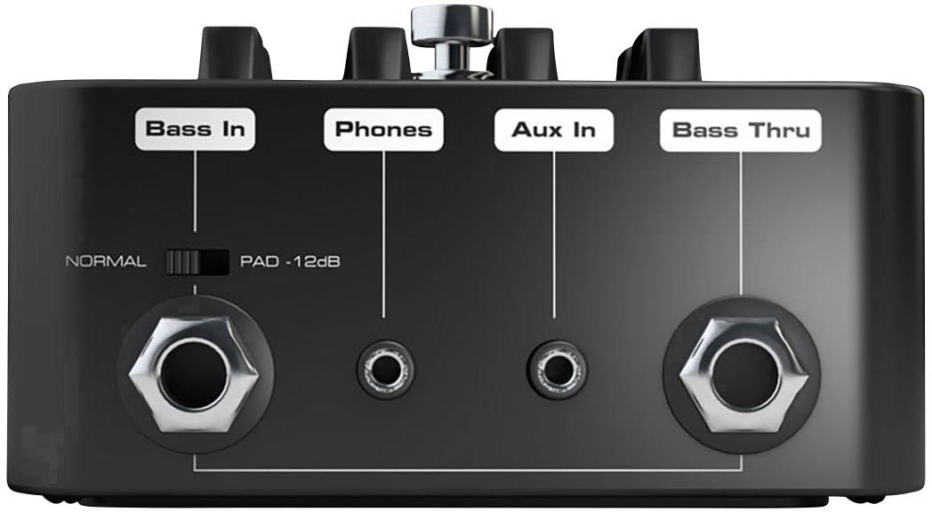 Ansicht der Rückseite eines Audio-DI-Pedals mit vier Eingängen: 'Bass In', 'Phones', 'Aux In' und 'Bass Thru', sowie einem Pad-Schalter.