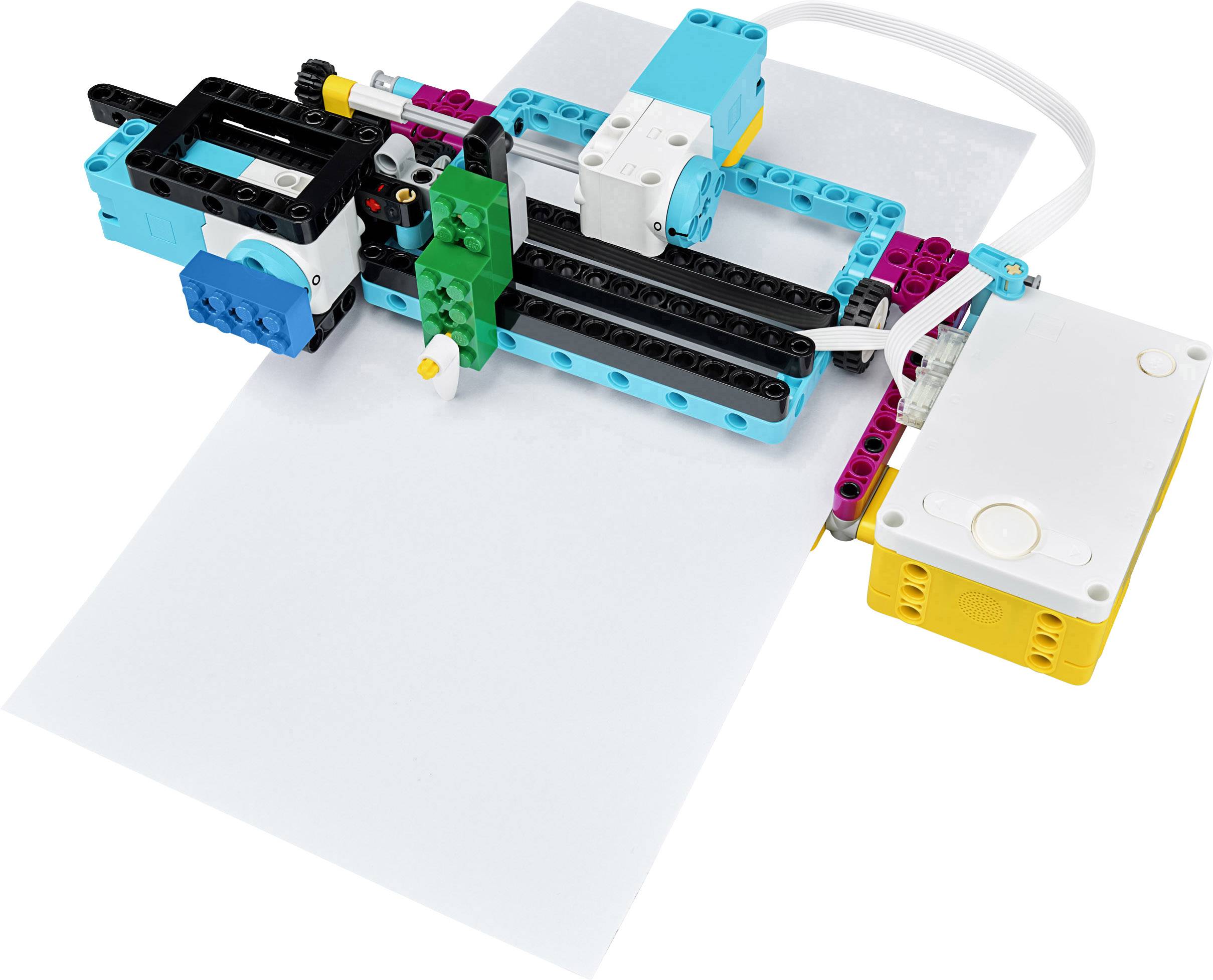 Ein Roboterarm aus Bausteinen, der eine Zeichenplattform verarbeitet, verbunden mit einem Steuergerät.