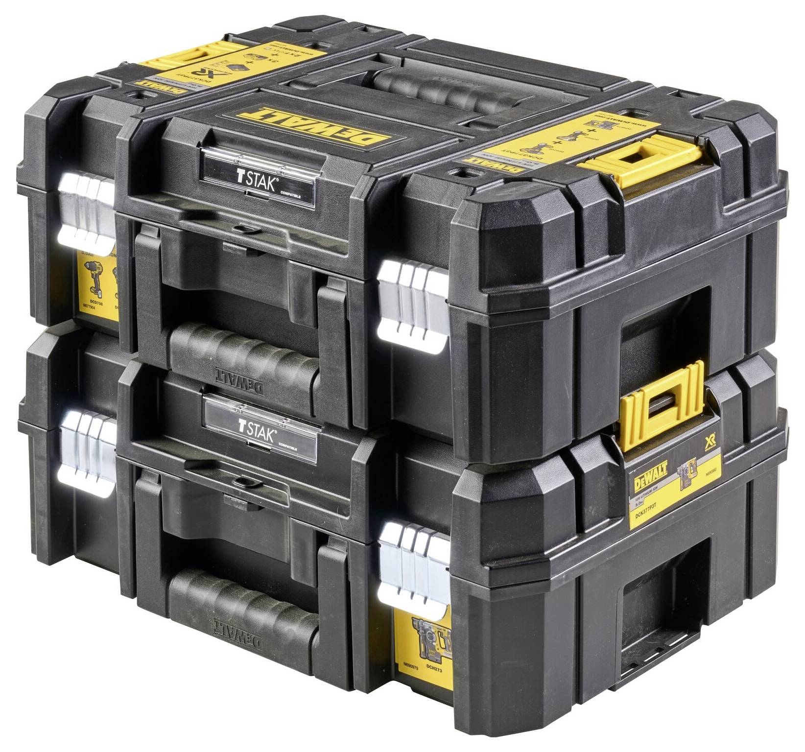 Drei schwarz-gelbe Werkzeugkoffer von DEWALT, gestapelt. Jeder Koffer hat robuste Griffe und ist für die praktische Lagerung modular verwendbar.