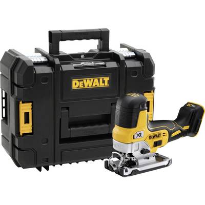 Eine schwarz-gelbe Stichsäge der Marke DeWalt neben einem robusten schwarzen Werkzeugkasten mit gelbem Logo.