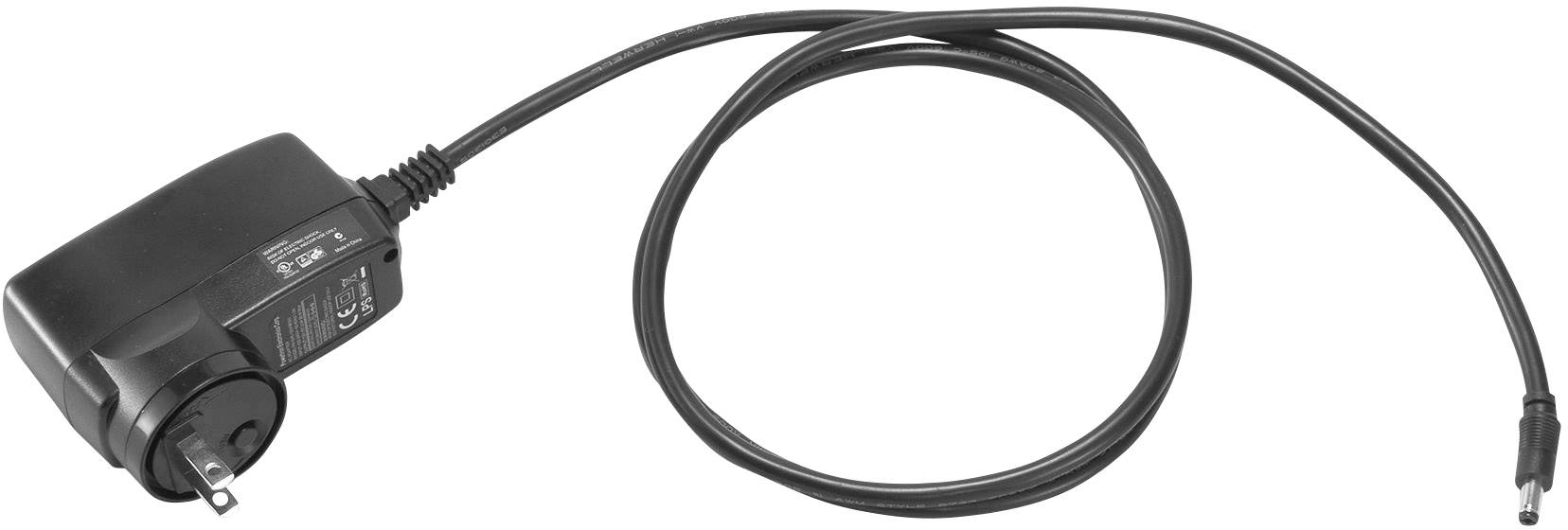 Schwarzes Netzteil mit langem Kabel und Stecker, geeignet für europäische Steckdosen, für elektronische Geräte wie Laptops oder Handys.