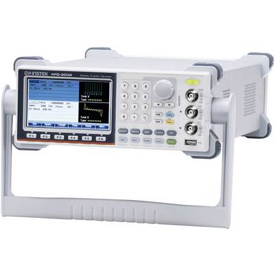 Ein Arbiträr-Funktionsgenerator mit digitalem Display zeigt Wellenformoptionen und Einstellungen an. Verschiedene Anschlüsse sind sichtbar.