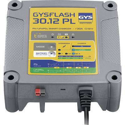 Ladegerät für Pb/LiFePO4-Batterien mit mehreren Modi und Anzeigeoptionen; GYSFLASH 30.12 PL; Robustes graues Gehäuse.