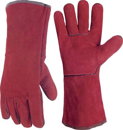 Rote Schweißerhandschuhe aus Rindspaltleder mit breiter Manschette