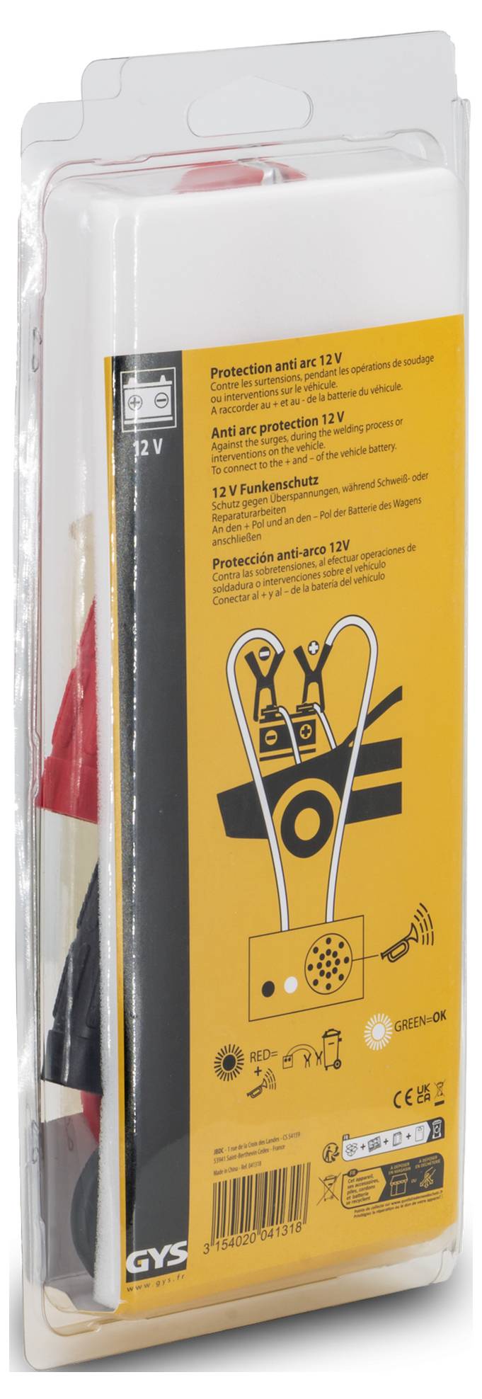 In klarer Kunststoff-Blisterverpackung verpacktes 12V-Batterieladegerät/Starthilfegerät-Set, orangenes GYS-Etikett mit Produktabbildungen und Spezifikationen.