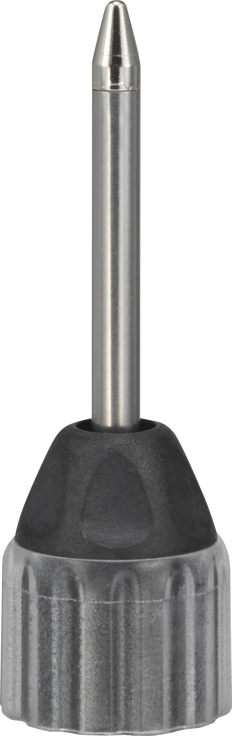 Ein silbernes, spitzes Werkzeug mit einem schwarzen Griff und geriffeltem Sockel, vermutlich zur präzisen Arbeit oder Messung geeignet.