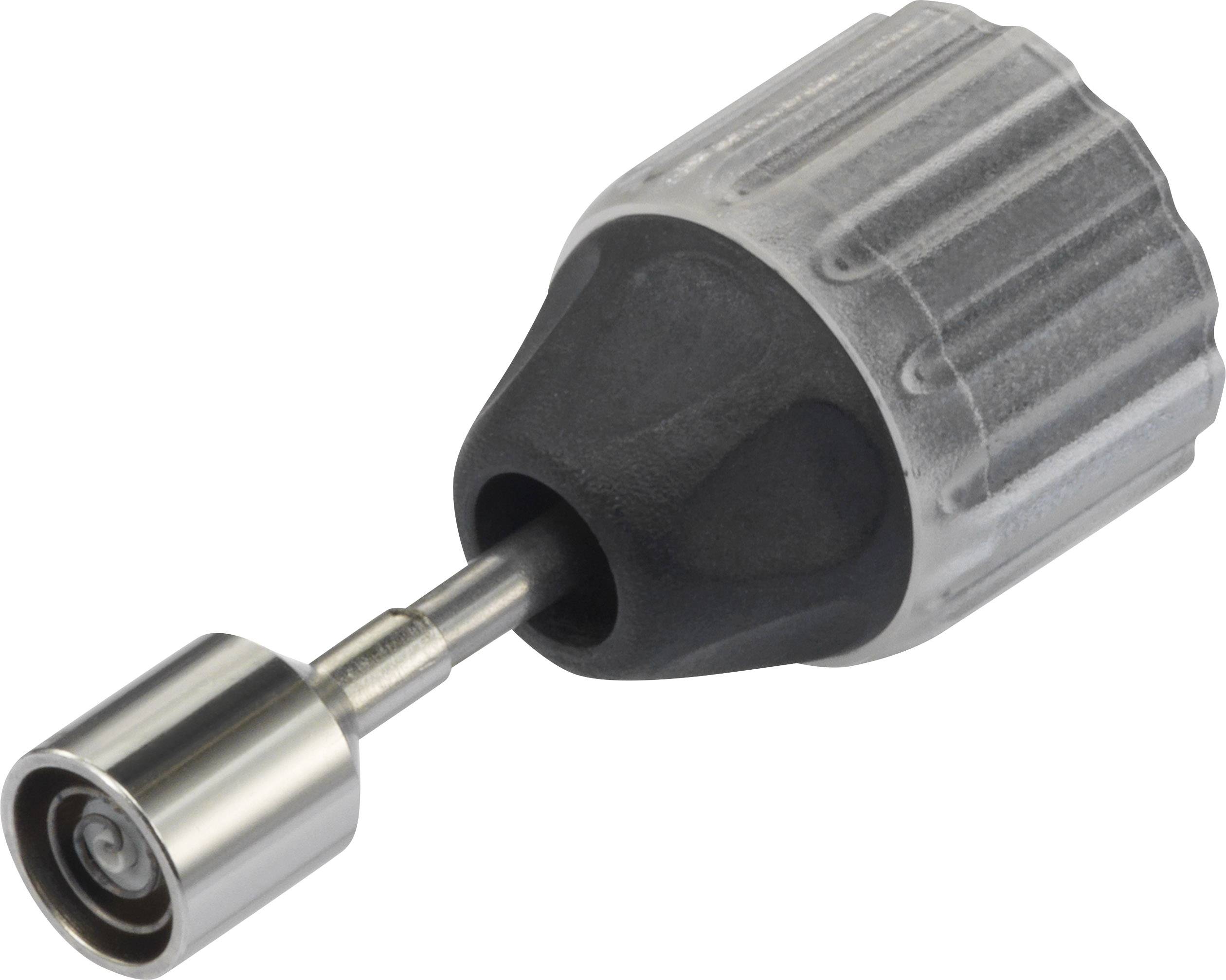 Nahaufnahme eines kleinen Bohrfutters mit silbernem Metallgehäuse und schwarzem Griff. Es hat einen kurzen Metallaufsatz vorne.