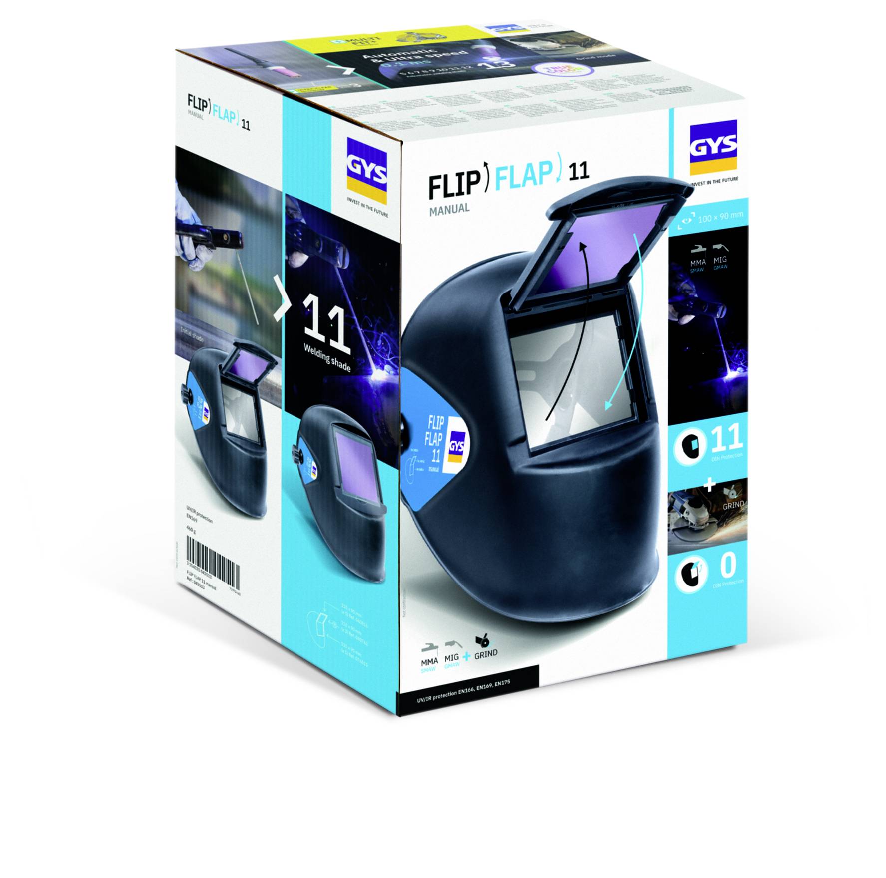 Produktbox für GYS FLIP FLAP 11 Automatik-Schweißhelm, zeigt den Helm mit hochklappbarem Sichtfenster und Modellnummer 11.