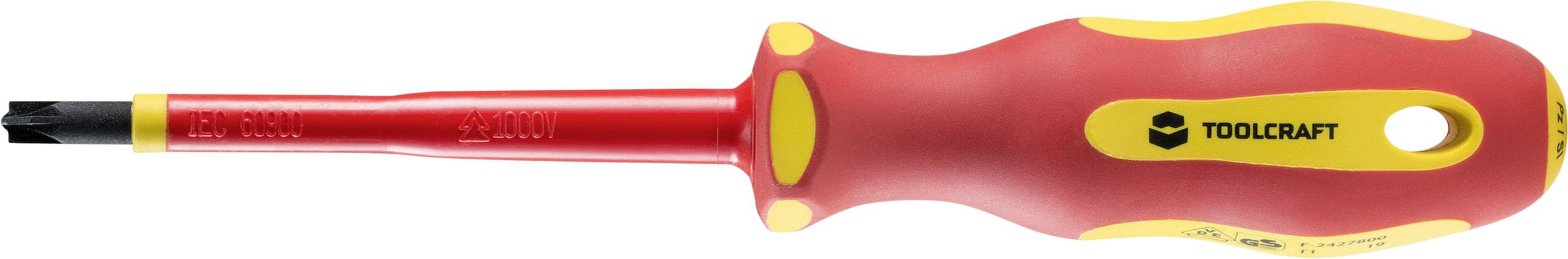 Schraubendreher mit rotem Griff und gelben Akzenten, Marke TOOLCRAFT. Ideal zum sicheren Arbeiten an elektrischen Anlagen.