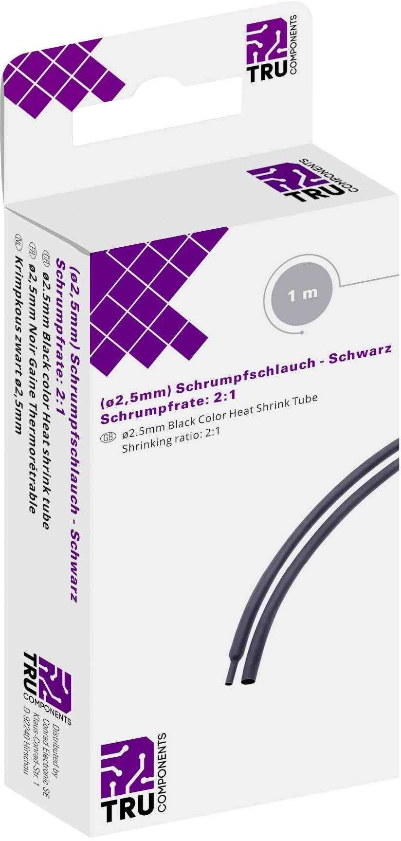 TRU COMPONENTS T1904CA028 Schrumpfschlauch ohne Kleber Schwarz 2.50 mm 1.30 mm Schrumpfrate:2:1 1 m