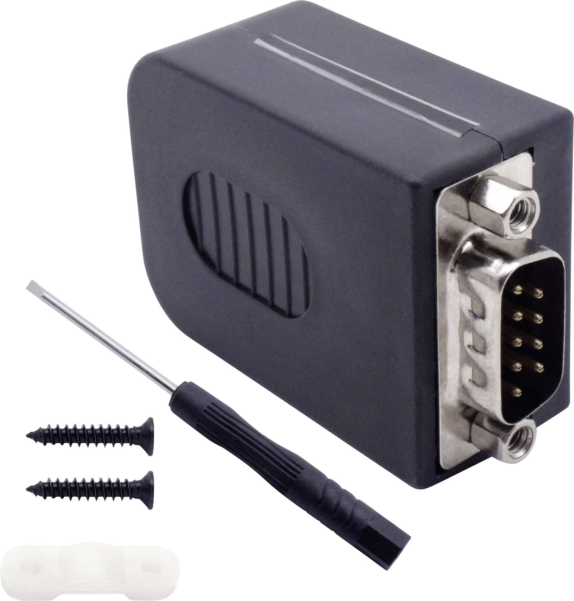 Adapter mit seriellem DB9-Stecker, zwei Schrauben, Schraubendreher und Schraubabdeckung zum Befestigen an einer Oberfläche.