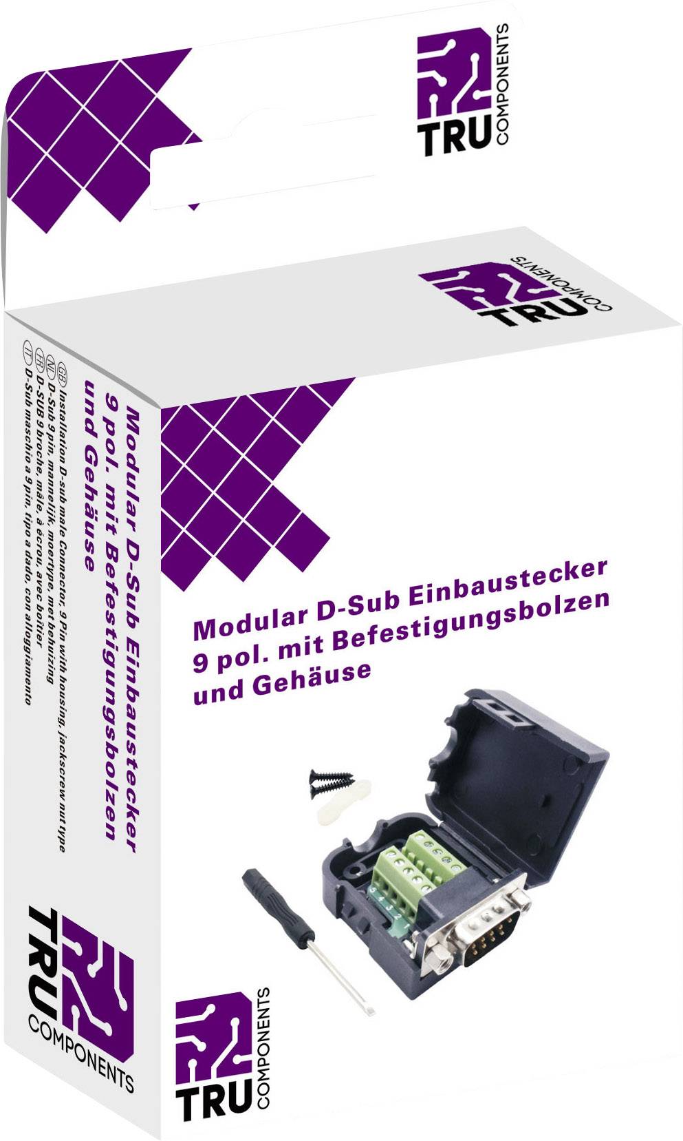 Verpackung für modularen D-Sub Einbaustecker, 9-polig, mit Befestigungsbolzen und Gehäuse. Enthält Schraubendreher und Anschlusszubehör.