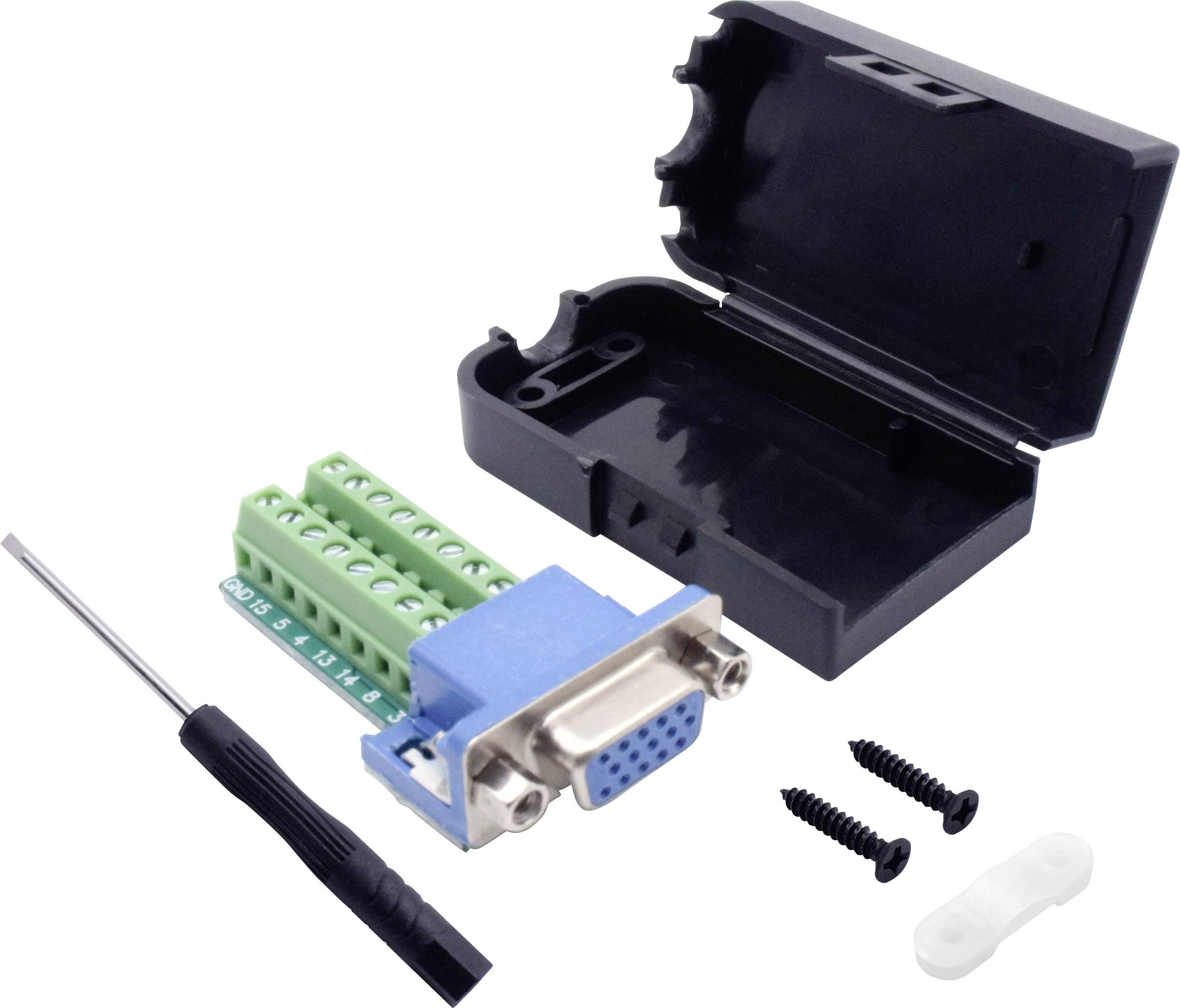 'DB9-Stecker mit Schraubklemmenadapter und Gehäuse, inklusive Schraubendreher und Befestigungsmaterial, geöffnet zur Ansicht.'