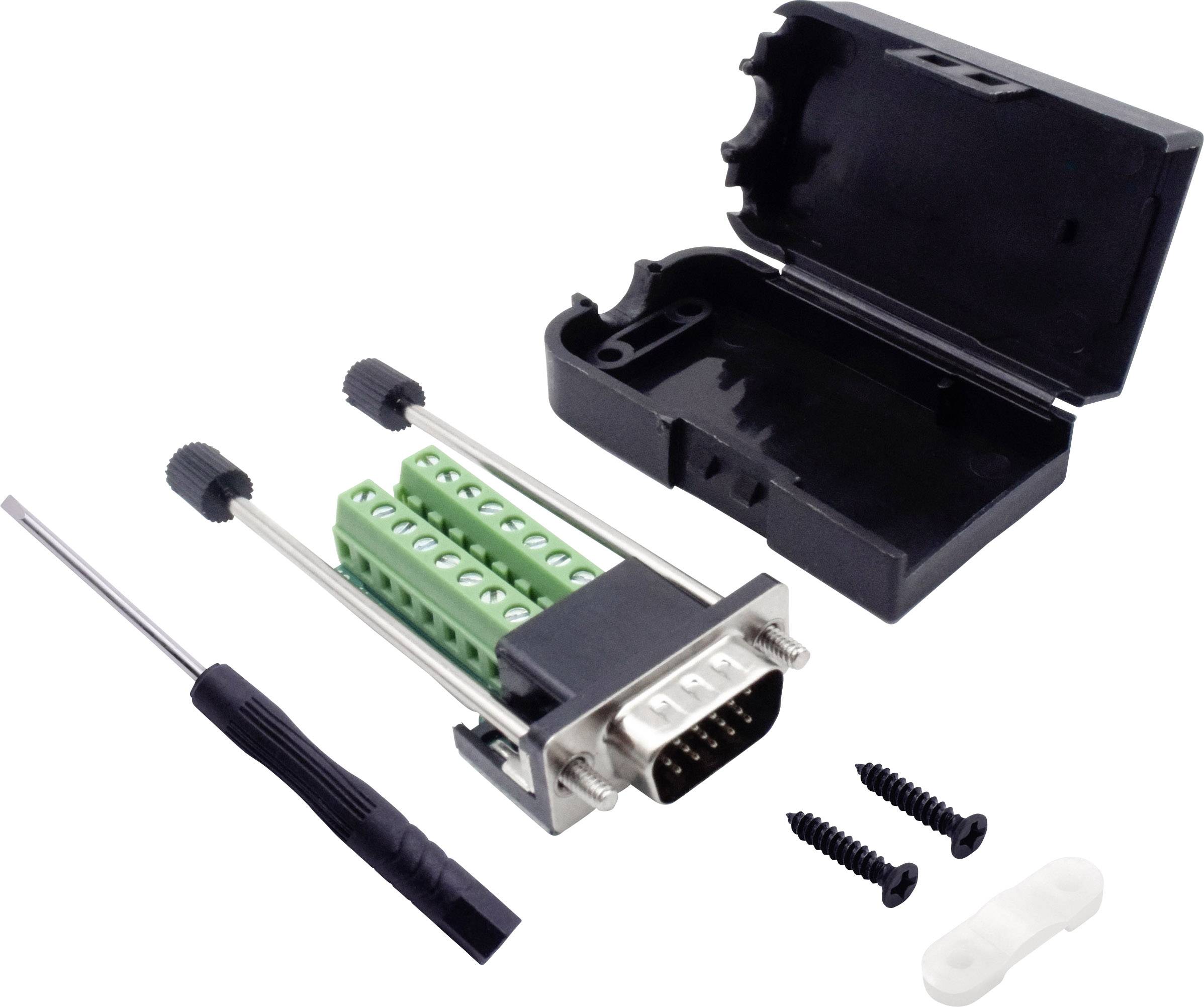 'DB9 Terminal Adapter' mit Schraubenzieher, Schutzgehäuse, Schrauben und Kabelabdeckung für elektrische Verbindungen.