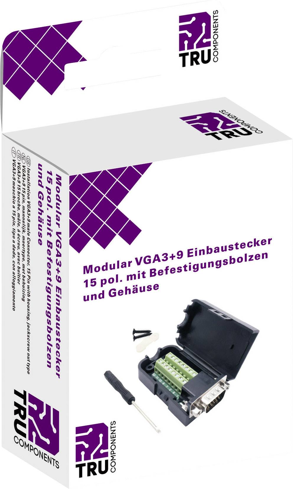 Verpackung eines modularen VGA3+9 Einbausteckers mit 15-poligem Anschluss, Befestigungsbolzen und Gehäuse. Enthält Werkzeug.