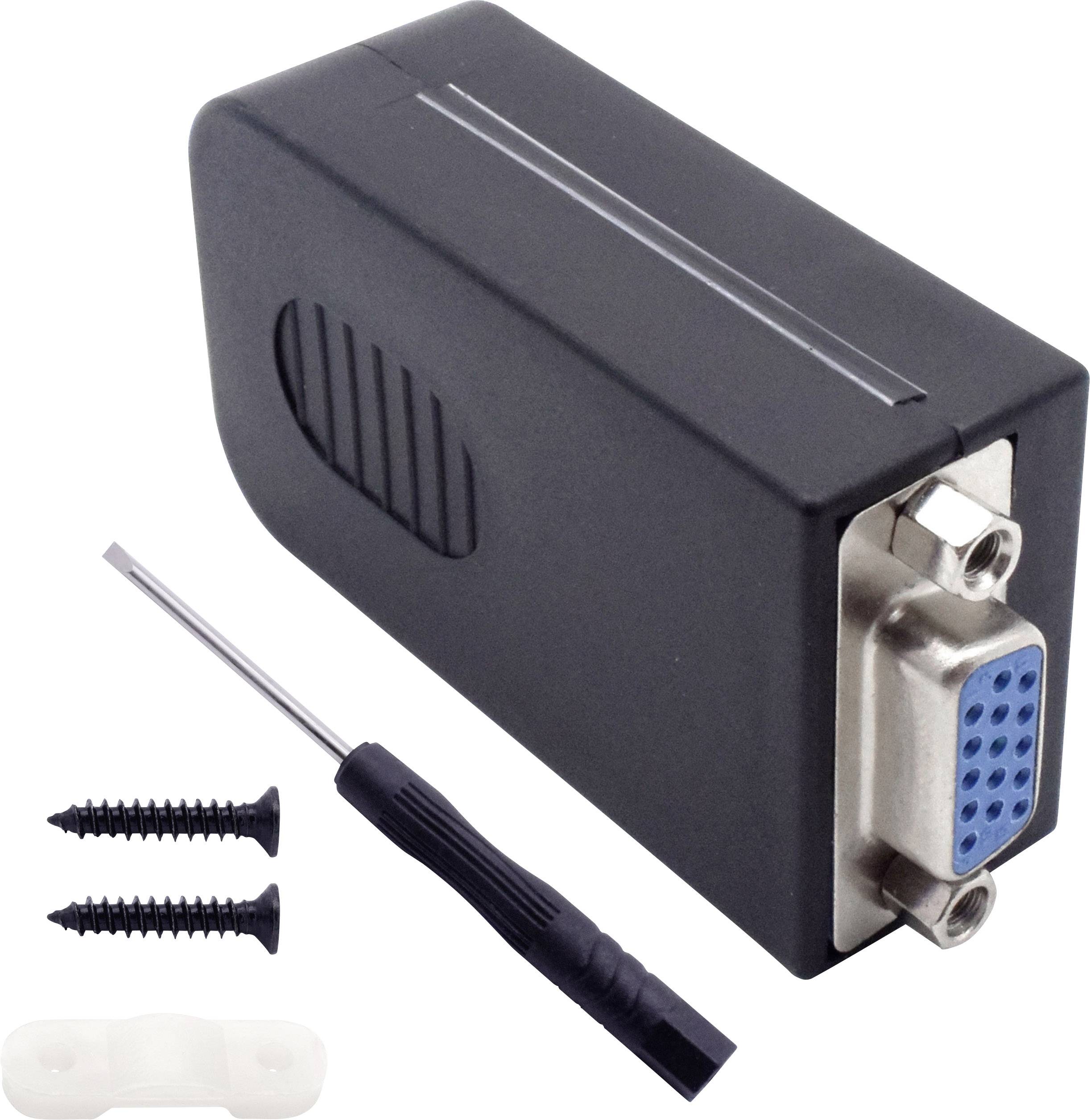 Ein rechteckiger Adapter mit VGA-Anschluss, daneben ein kleiner Schraubenzieher, zwei Schrauben und eine weiße Kunststoffhalterung.