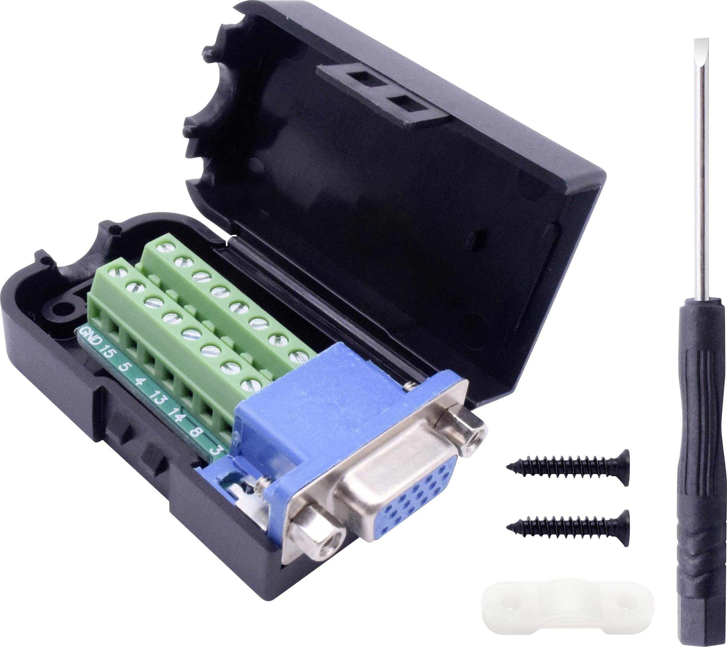 'VGA-Anschlussadapter' geöffnet, zeigt die grünen Anschlussklemmen. Daneben ein Schraubenzieher, zwei schwarze Schrauben und ein Kunststoffteil.