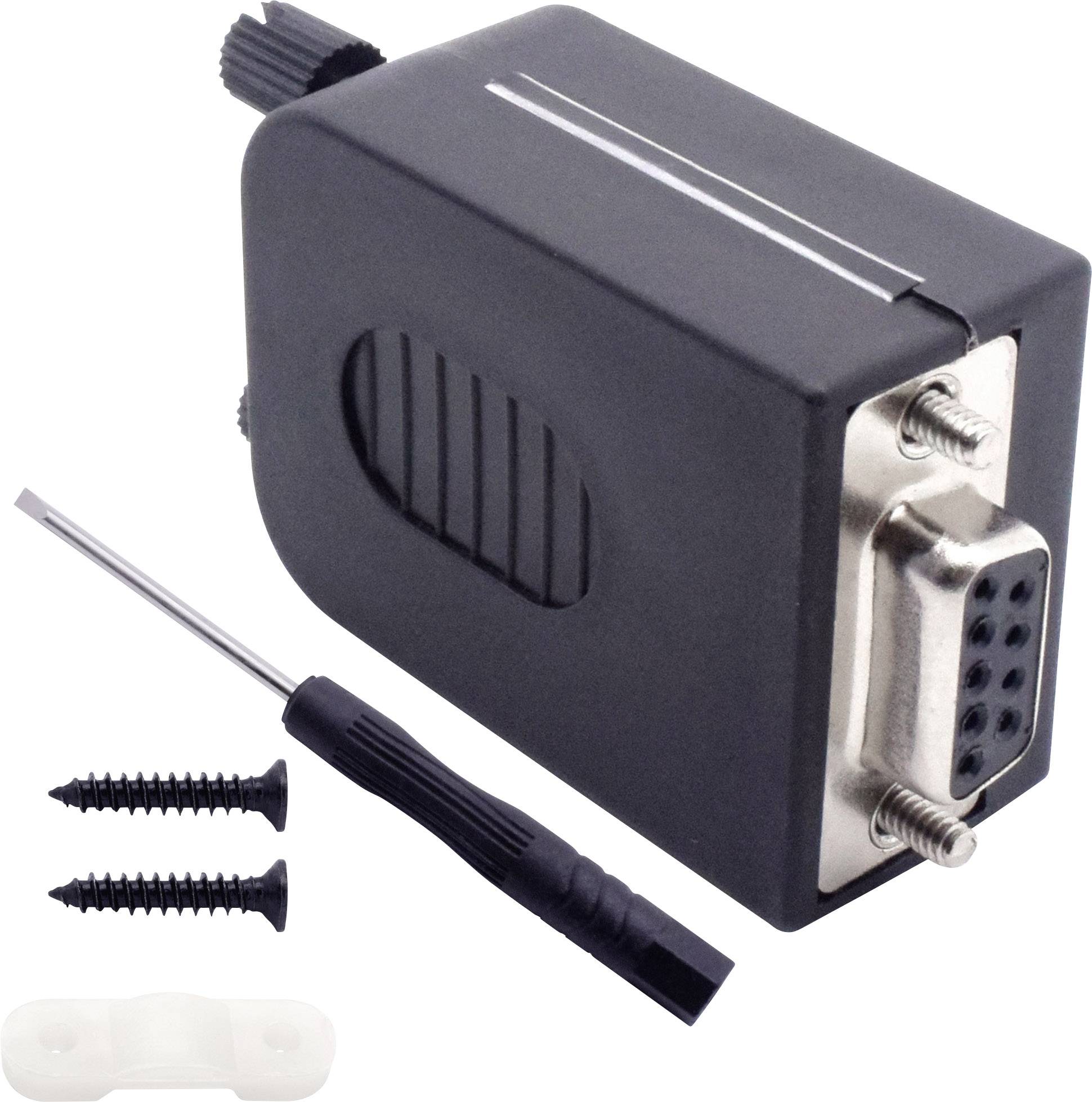 VGA-Buchse mit schwarzen geriffelten Details, begleitet von Schrauben, einem Schraubendreher und einem kleinen Befestigungsteil.