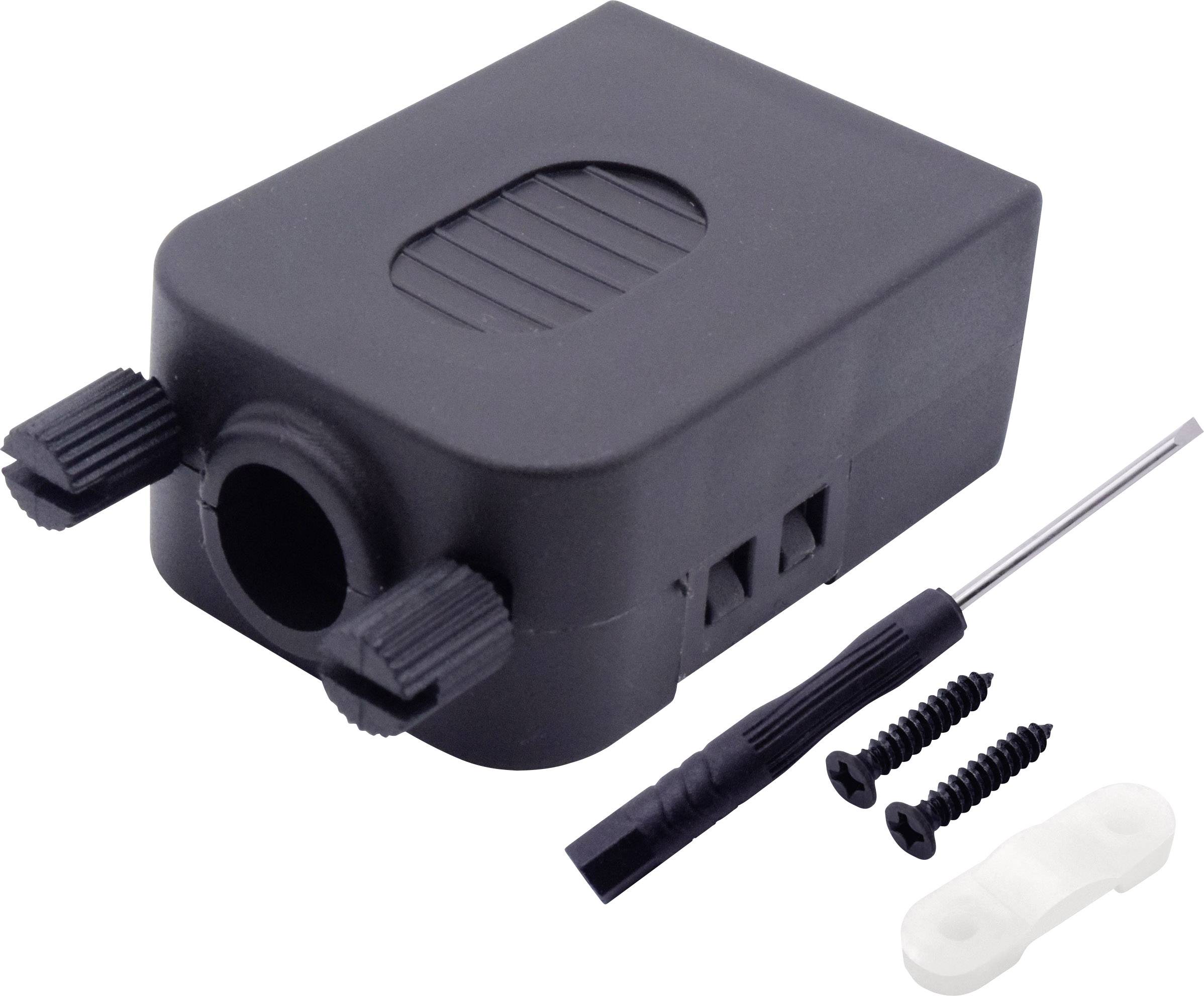 Schwarzer elektronischer Bauteilhalter mit zwei Drehknöpfen, Schrauben und einem kleinen Schraubenzieher.