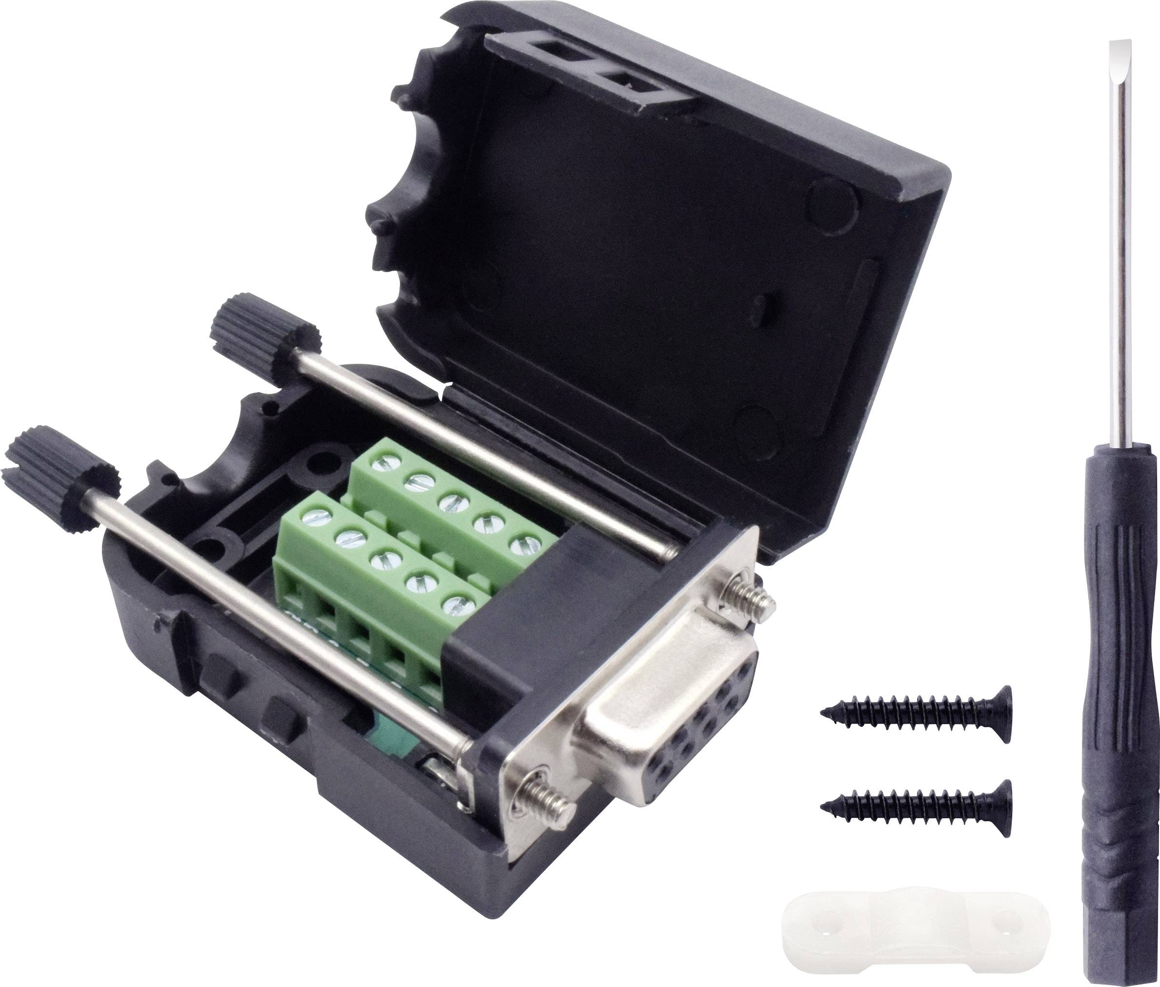 Ein geöffnetes DB9-Steckergehäuse mit grünen Terminalblöcken, zwei schwarzen Schrauben, einer weißen Kabelklemme und einem Schraubendreher.