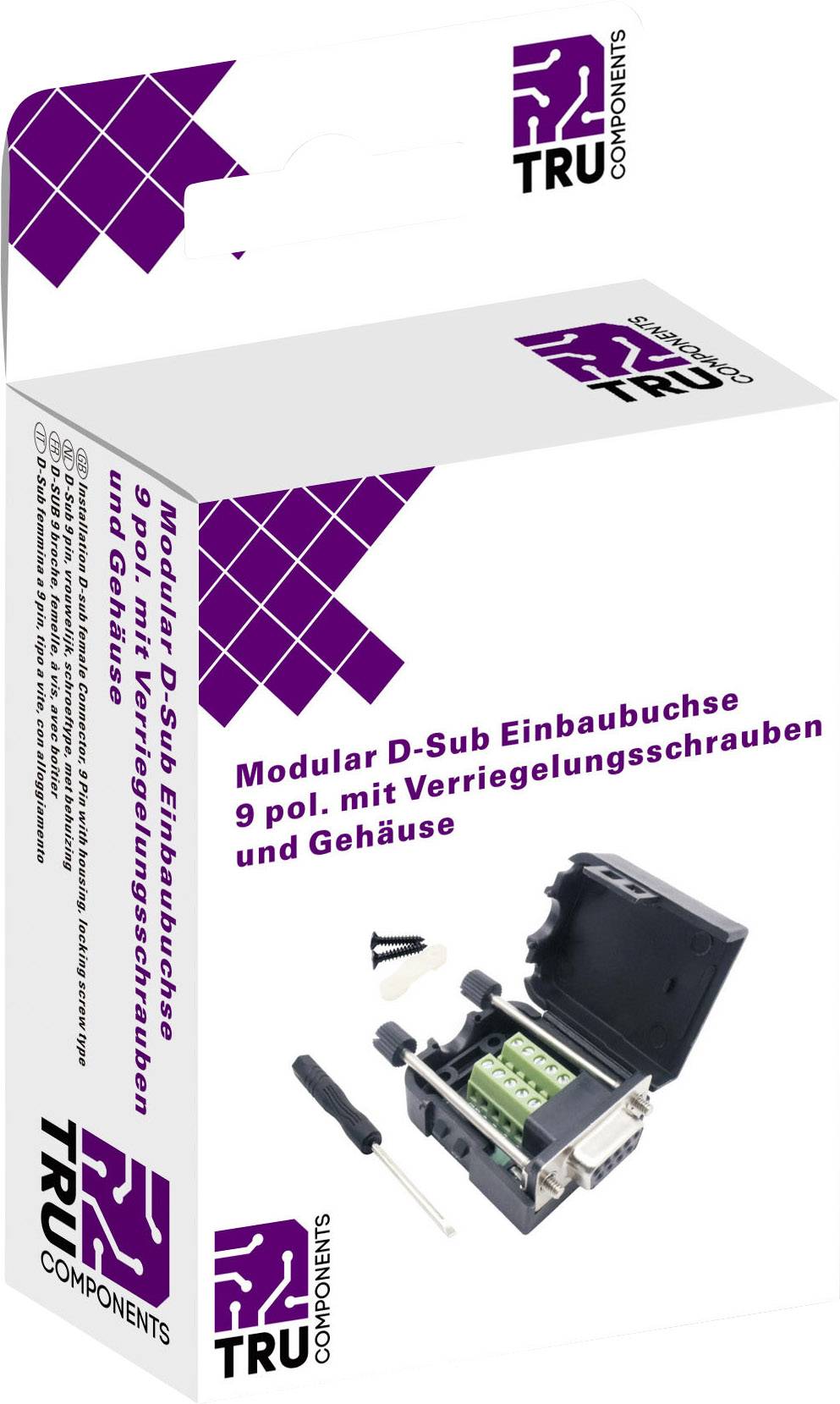 Kartonschachtel mit Produktbild einer modularen D-Sub Einbaubuchse, 9-polig, mit Verriegelungsschrauben und Gehäuse. Beinhaltet Zubehör.