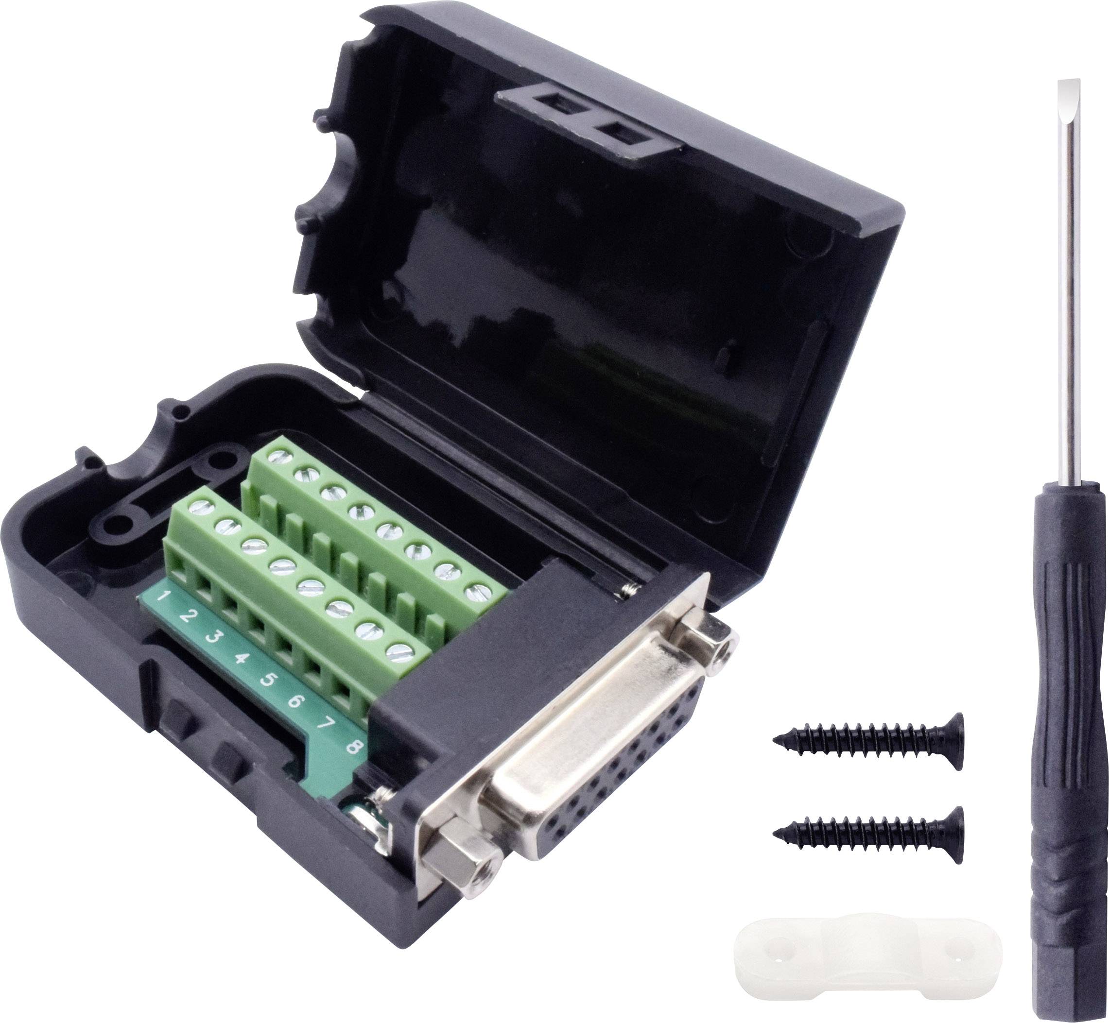 Ein offenes DB9-Stecker-Gehäuse mit grüner Schraubklemme, zwei Schrauben, eine Kabelklemme und ein Schraubendreher daneben.
