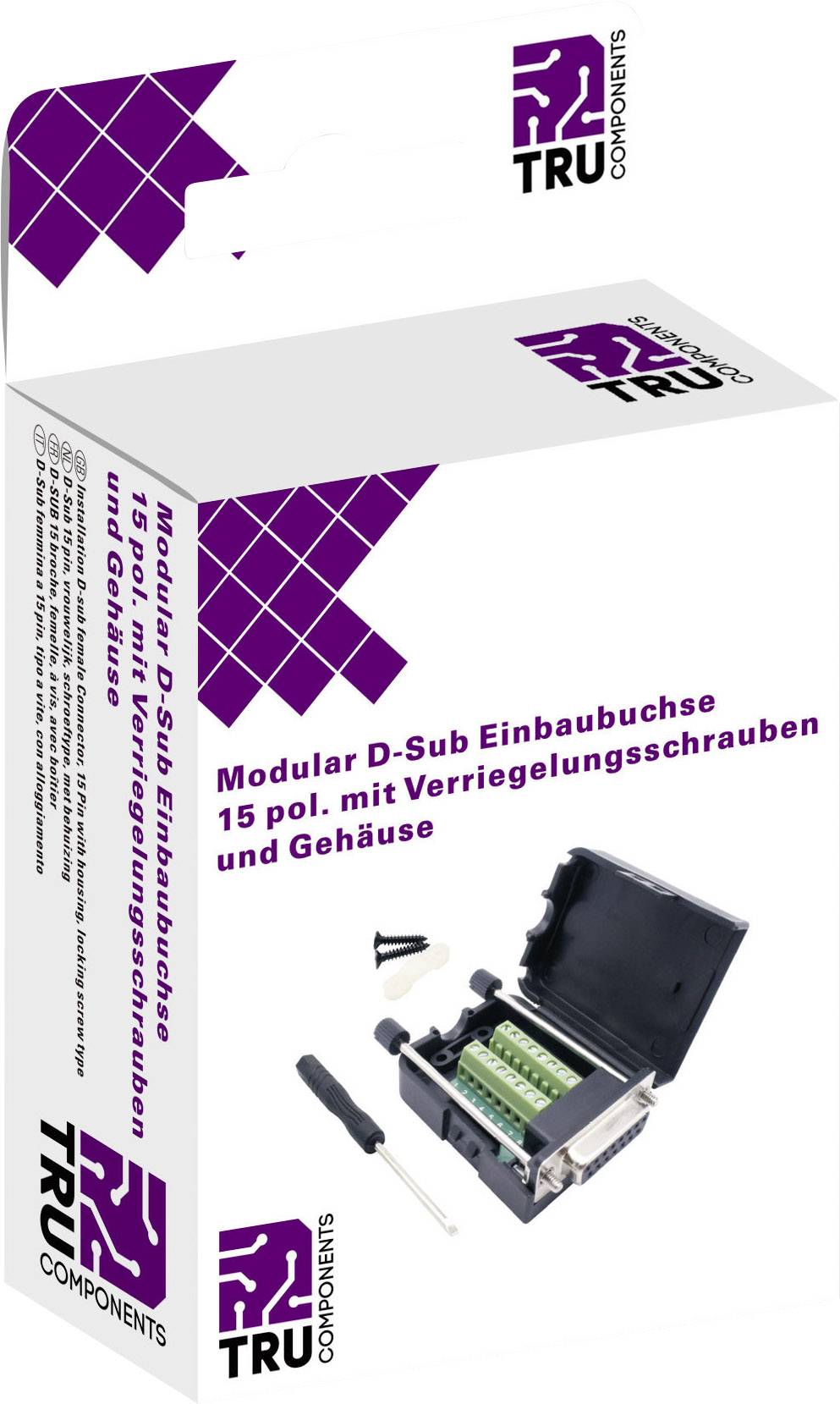 Kartonverpackung mit Abbildung einer modularen D-Sub Einbaubuchse, 15-polig, mit Verriegelungsschrauben und Gehäuse, daneben ein Schraubenzieher.