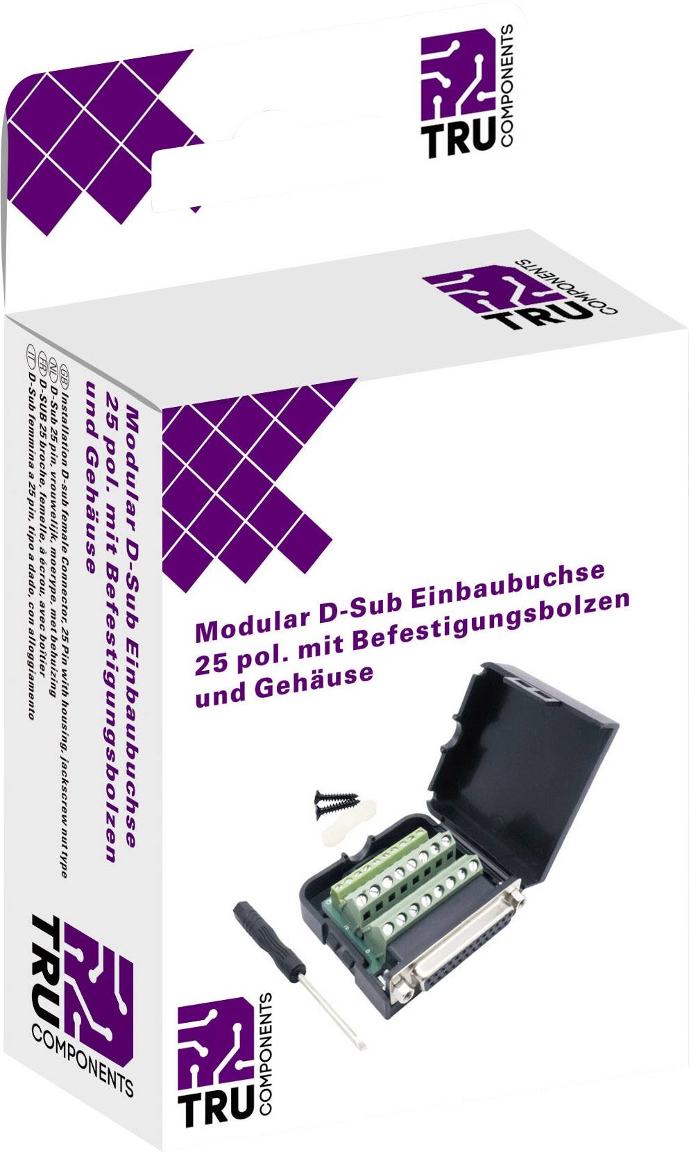 'Modular D-Sub Einbaubuchse 25 pol. mit Befestigungsbolzen und Gehäuse' Verpackung mit Abbildung des gesellten Produkts und Schraubendreher.